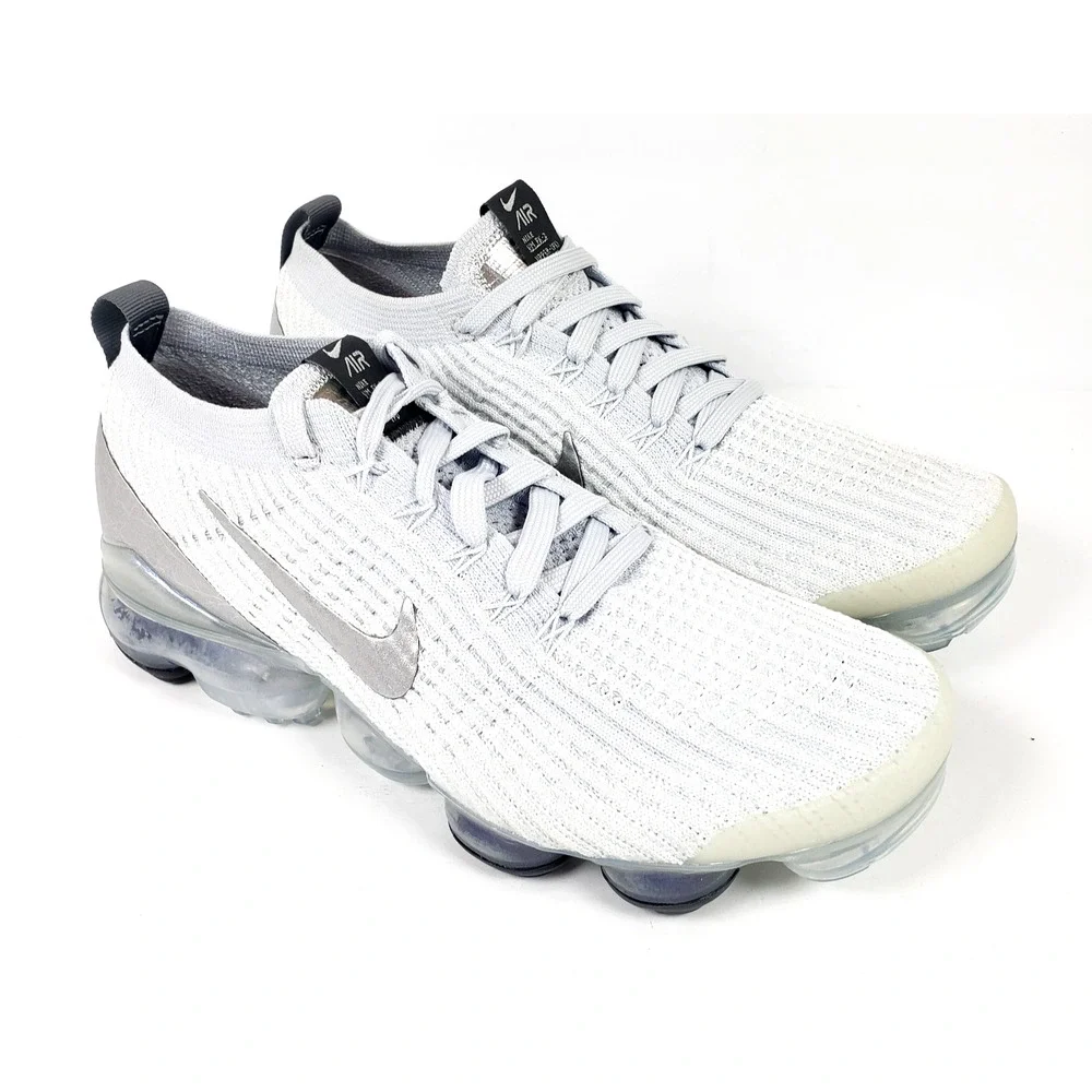 Nike Air Vapormax Flyknit 3 Womens Size 8.5 White Metallic Silver Sneaker Shoes